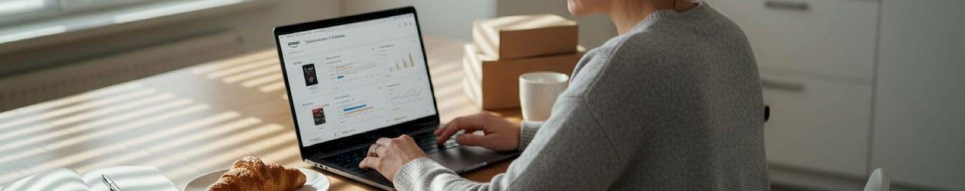 Ein Amazon-Verkäufer arbeitet entspannt von zuhause aus und nutzt dafür den Küchentisch als Arbeitsplatz.