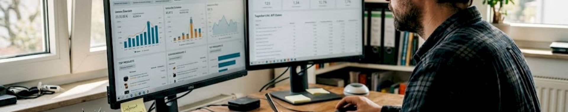 Ein Mann sitzt am Schreibtisch und analysiert das Amazon KPI-Dashboard.