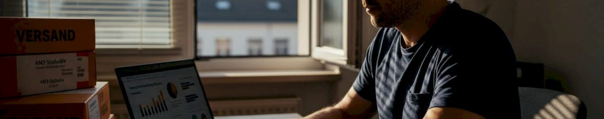 Ein Amazon-Händler analysiert im Homeoffice seine Verkaufszahlen und wertet die aktuellen Geschäftsdaten aus.
