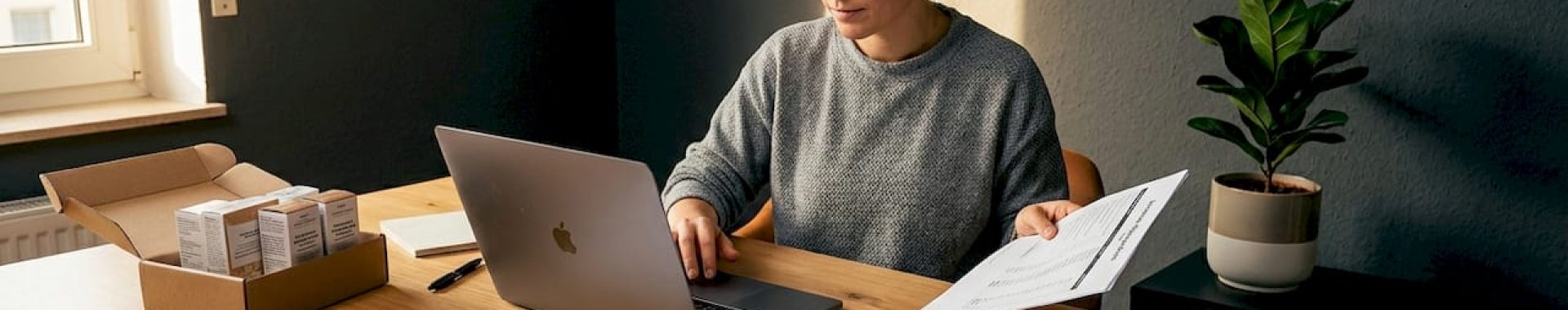 Eine Frau arbeitet an ihrem Schreibtisch und kümmert sich um ihren Amazon Seller Central Account.