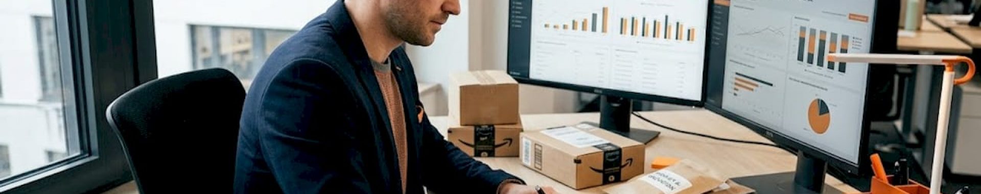 Ein Manager wertet am Schreibtisch die Verkaufszahlen von Amazon aus.